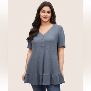 Bloomchic Plus Size XL Waffle Knit Patchwork Ruffle Hem Tunic T-shirt us14-16